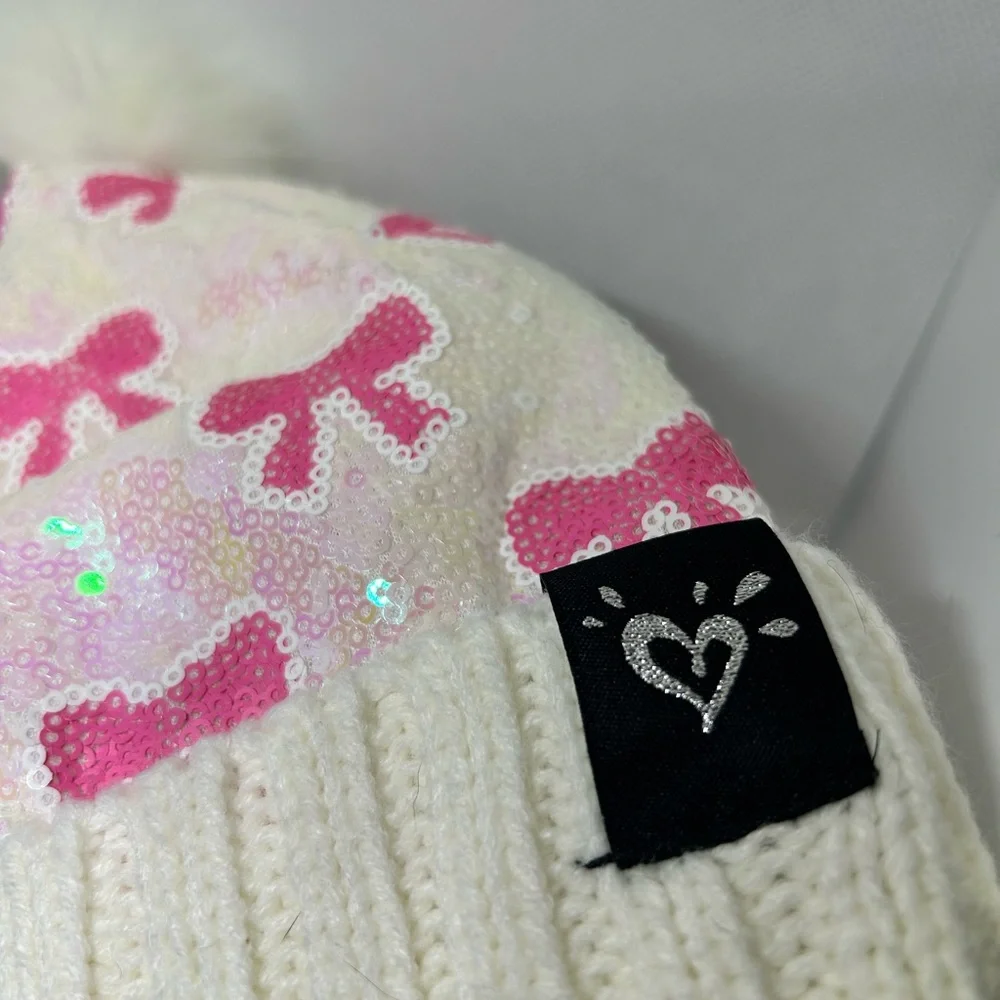 Justice Sequin Kid’s Hat Gloves Set White and Pink‎ Bow